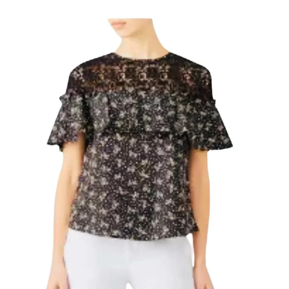 Slate & Willow Lace Floral Top Women’s Tee Short Sleeve Cotton Ruffle Black Sz 4